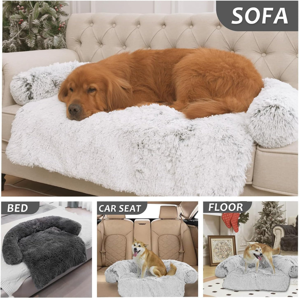 Calming Dogs/Cats Bed Mats, Dog Pad Washable Removable Couch Cover, Plush Long Fur Mat for Pets, Waterproof, Perfect for Small, Medium and Large Dogs and Cats (Beige, 34"x30"x5.0")
