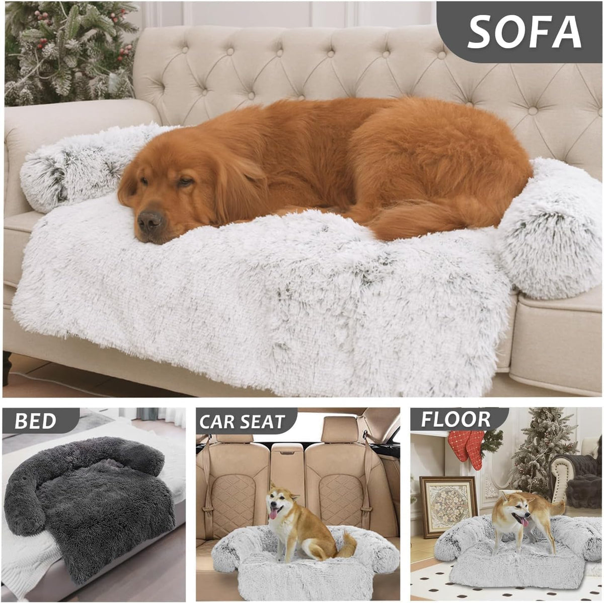 Calming Dogs/Cats Bed Mats, Dog Pad Washable Removable Couch Cover, Plush Long Fur Mat for Pets, Waterproof, Perfect for Small, Medium and Large Dogs and Cats (Beige, 34"x30"x5.0")