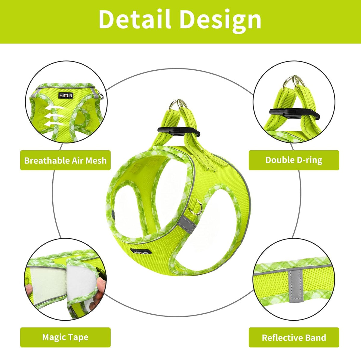AMTOR Small Dog Harness with Leash Set, No Escape Easy Walk Puppy Harnesses for Training Walking, Step-in Reflective Soft Dogs Vest for XS S Medium Extra-Small Large Sized Dog(Green/White,XS)