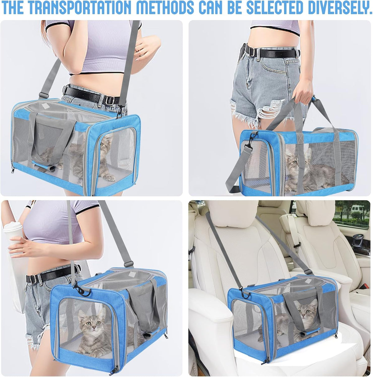 Pet Carrier for Large Cats of 20 Lbs, Collapsible Carrier Bag for Big Cat or 2 Kittens,Soft Sided Puppy Carrier with Sturdy Travel Transport Strap, Adequate Ventilation, 4 Mesh Windows (Blue)