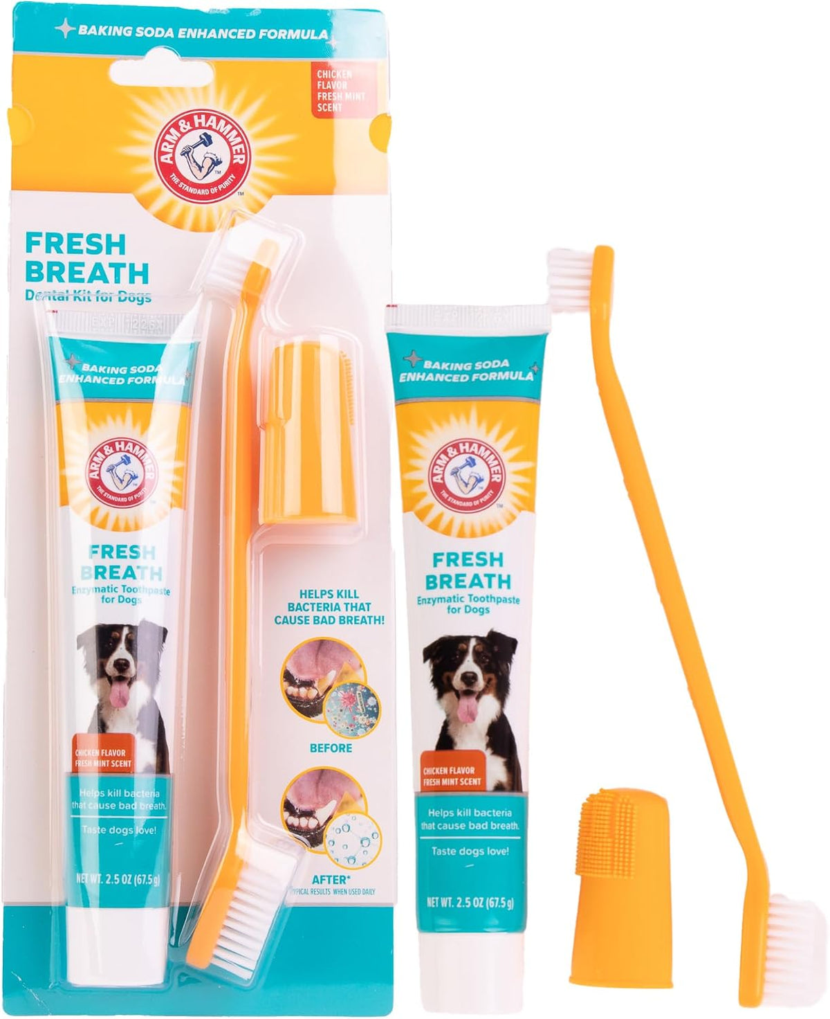 Arm & Hammer Enzymatic Dog Dental Care Kit, Chicken Flavor, 2.5 Oz, 48-Pack | Baking soda toothpaste, poultry flavor, double-sided toothbrush and finger brush included 