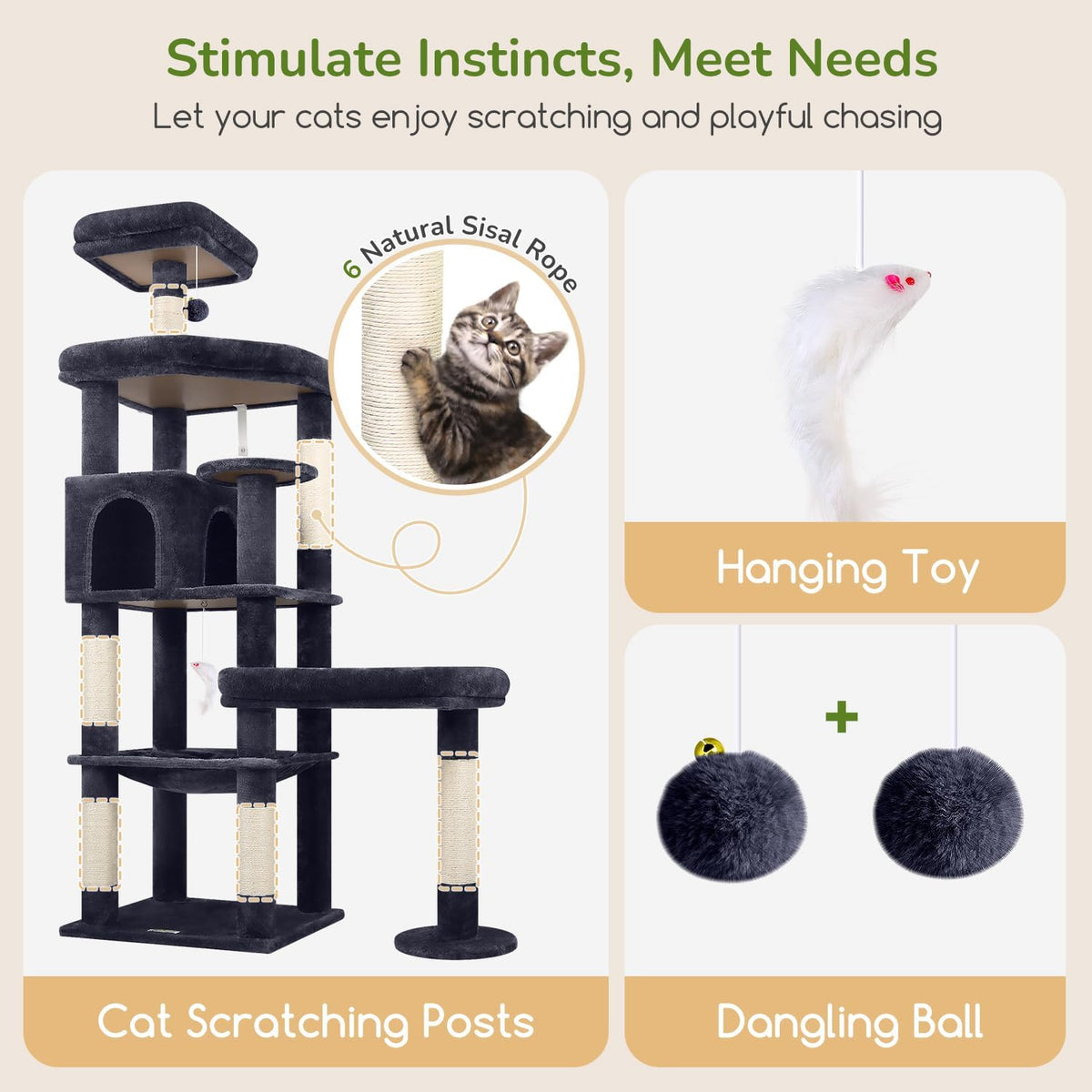Globlazer 65in Sturdy Cat Tree Tower for Indoor Large Cats, S65, Dark Grey