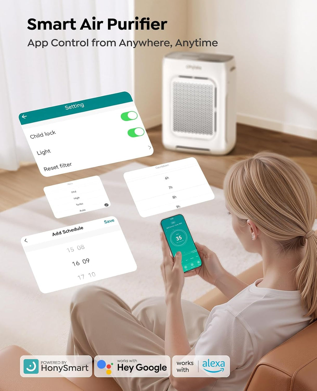 Air Purifier for Home Bedroom Large Room up to 3000Ft², HEPA Air Purifier with Washable Double-Sided Filters, Smart WiFi, AQI Display, Air Cleaner for Pets, Dust, Pollen, 15dB Sleep Mode, Fragrance