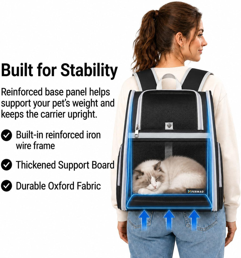 Cat Backpack Carrier for Small Dogs and Medium cat Puppy Kitten Bunny Pet Carrier Backpack Collapsible with Fully Ventilated Mesh with Safety Leash (Black, 12.9" L x 10.62" W x 15.5" H - M)