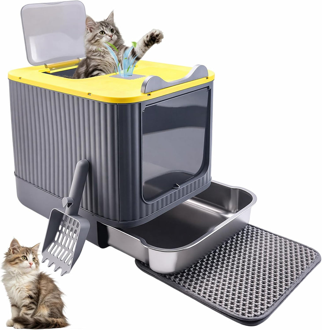 Stainless Steel Cat Litter Box Enclosed, Small, Dual Entry, Pull-Out Tray