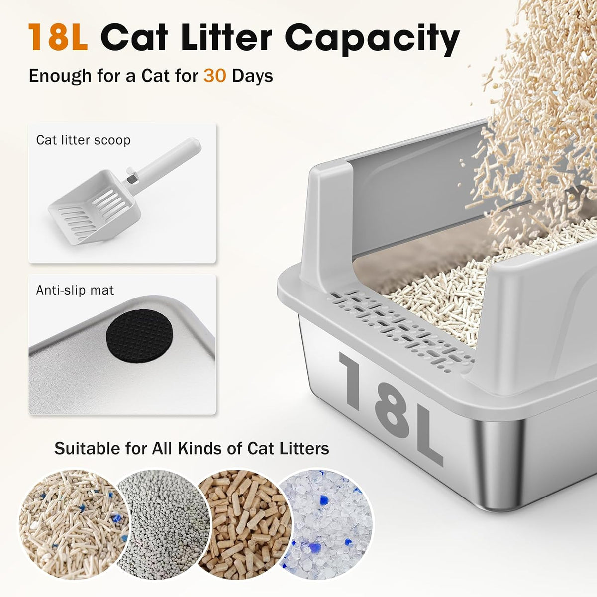 2PACK Stainless Steel Litter Box, Extra Large Litter Boxes for Big Cats, XL Metal Cat Litter Box with Lid High Sides, Anti-Urine Leakage, Non-Sticky, Scoop Included