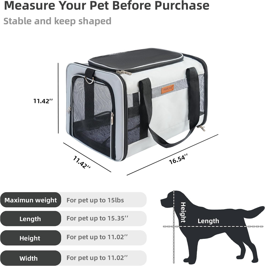 YUNIQUE Soft-Sided Cat & Dog Carrier for Pets Up to 15 Lbs, Airline Approved Collapsible Travel Puppy Carrier with Lightweight Fabric Design (lightgrey)