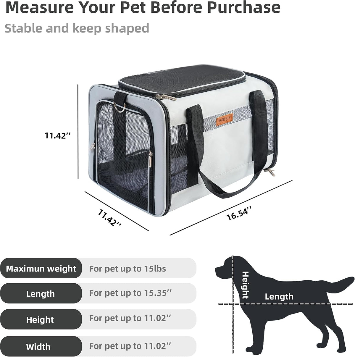 YUNIQUE Soft-Sided Cat & Dog Carrier for Pets Up to 15 Lbs, Airline Approved Collapsible Travel Puppy Carrier with Lightweight Fabric Design (lightgrey)