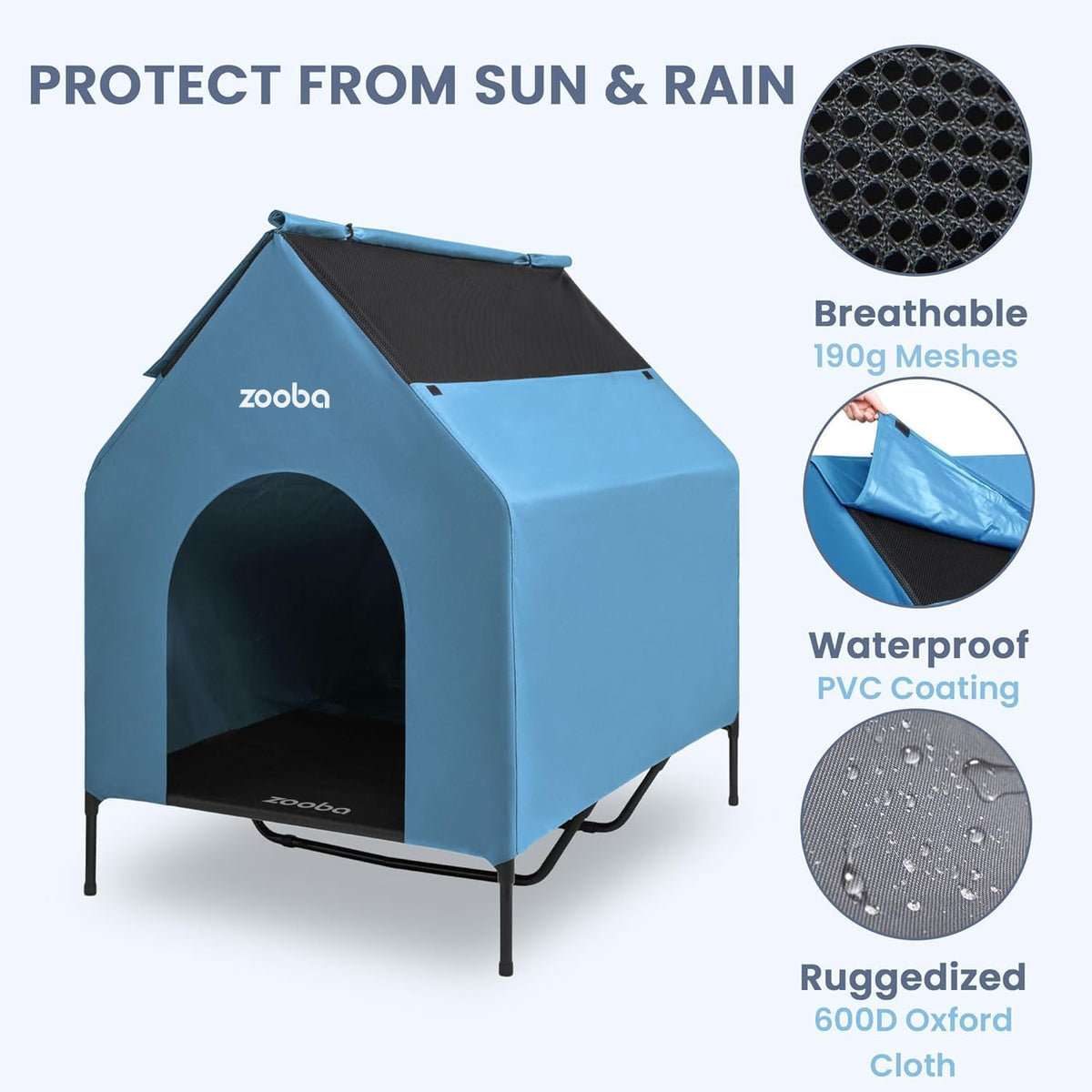 Zooba 48in XL Dog House Outdoor, Elevated Dog Bed with Canopy, Blue