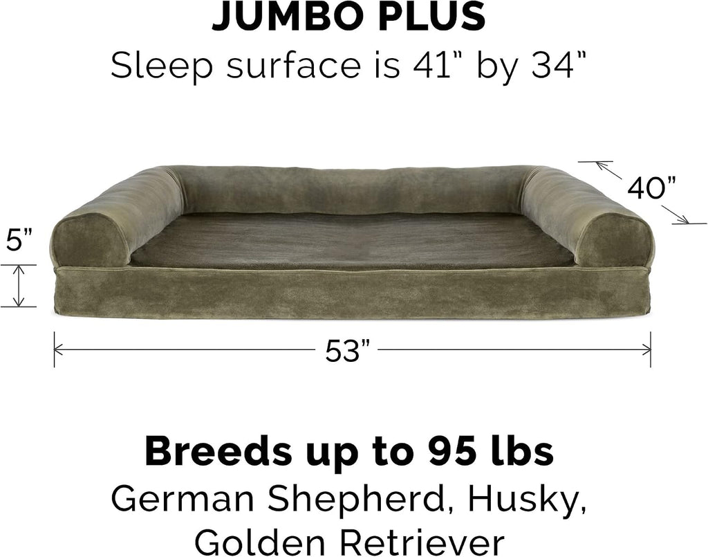 Furhaven Cooling Gel Dog Bed for Large Dogs w/ Removable Bolsters & Washable Cover, For Dogs Up to 125 lbs - Faux Fur & Velvet Sofa - Dark Sage, Jumbo Plus/XXL