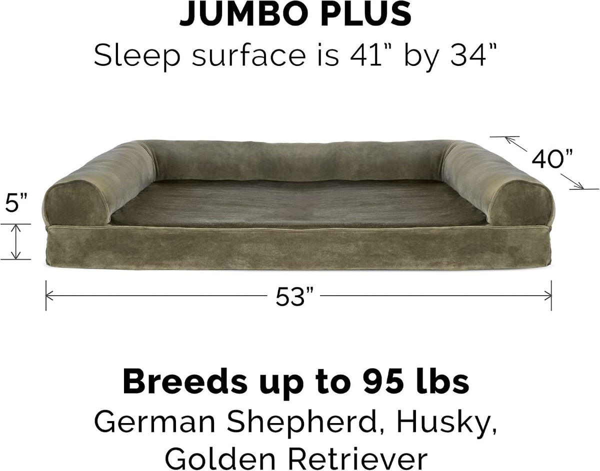 Furhaven Cooling Gel Dog Bed for Large Dogs w/ Removable Bolsters & Washable Cover, For Dogs Up to 125 lbs - Faux Fur & Velvet Sofa - Dark Sage, Jumbo Plus/XXL