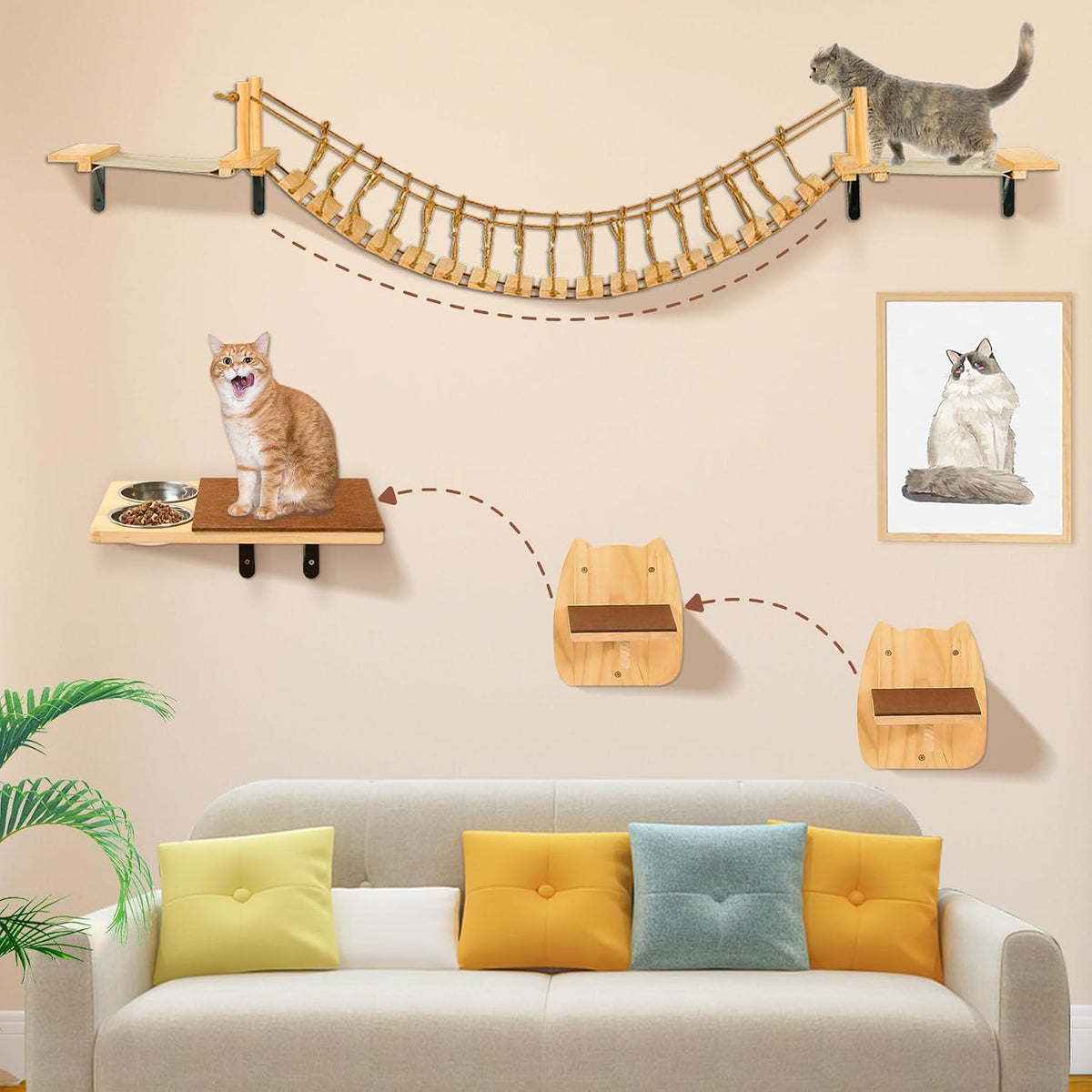 Calmbee Cat Wall Shelves, Cat Wall Furniture 70" Cat Bridge Wall Mount Cat Perch Wooden Hammock Cat Tree Cat Climber Cat Cloud Shelf Board Cats Bed