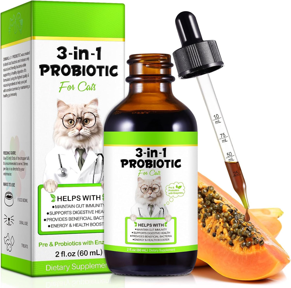 3 in 1 Probiotics for Cats Help with Gut, Upset Stomach, Diarrhea, Bloating