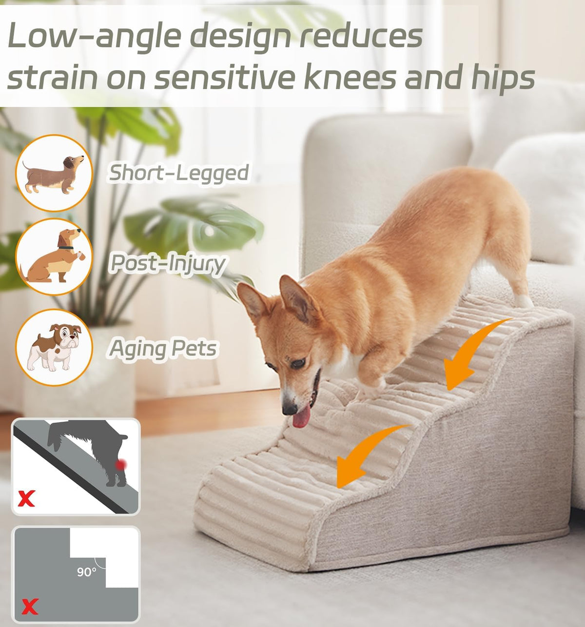 Laojin Balhen Dog Stairs for Small Dogs & Cats 15.7" H, High Density Foam Dog Steps Ramp for Couch Sofa and Chair, Widened 3-Step Pet Stairs with Non-Slip Bottom and Remove Washable Cover, Beige