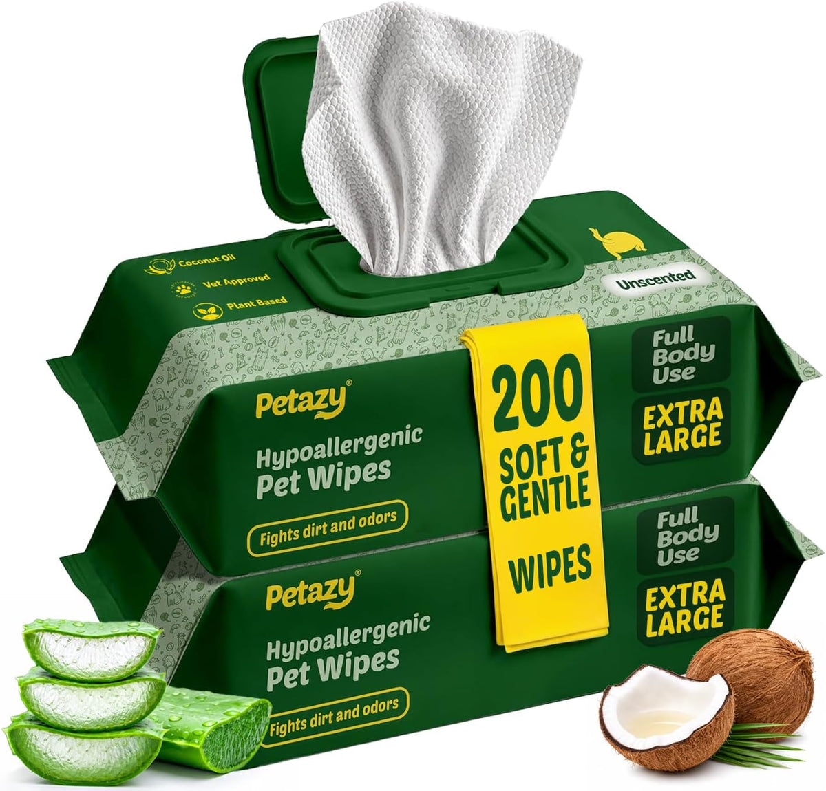 Petazy Pet Wipes for Dogs & Cats - Paws, Ears & Butt Cleaning, 200 Count