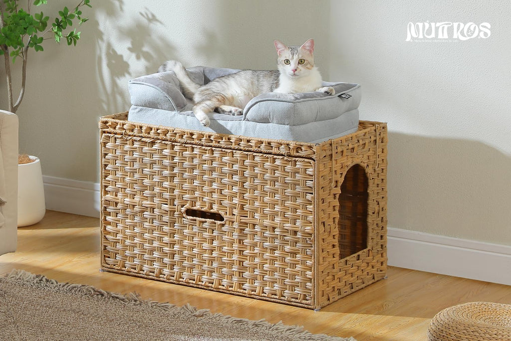 MUTTROS Rattan Cat Litter Box Enclosure - Extra Large Hidden Litter Box Furniture by Handwoven Wicker with Taller Doorway & Raised Edge Mat-Cat House Cabinet for Large Cats Indoor Odor Control, Beige