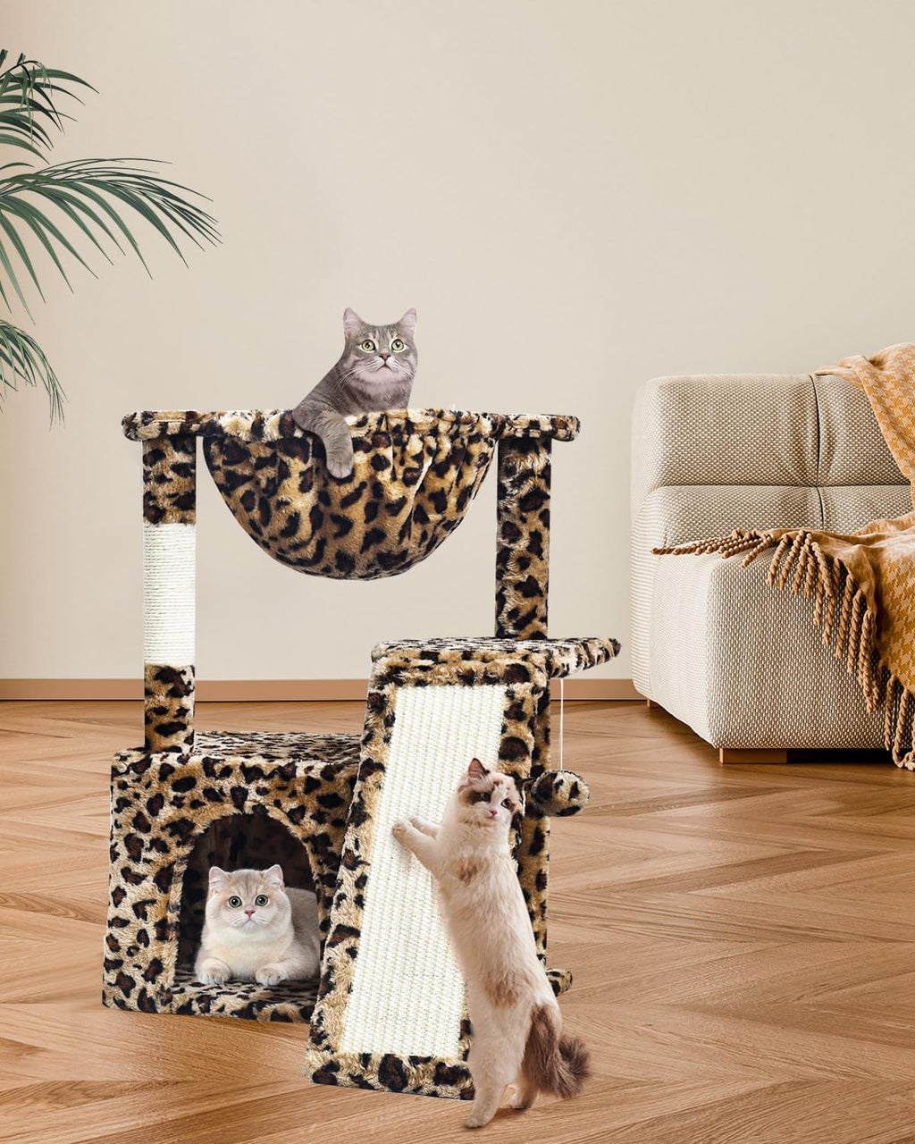 SYANDLVY Leopard Print Cat Tree for Indoor Cats, Small Cat Tower with Scratching Post & Board, Modern Activity House Condo with Cradle, Hanging Ball for Play, Kittens Cave