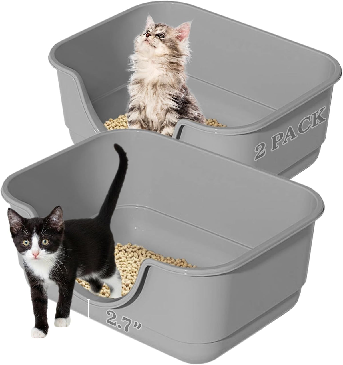 2 Pack Low Entry Small Litter Box for Kittens, Kitty Plastic Litter Boxes, Open Top, Anti-Splash High Sided Litter Tray Pan for Medium Pets, Puppy, Easy to Clean, 15.7" L*11.8" W*6.7" H (Grey)