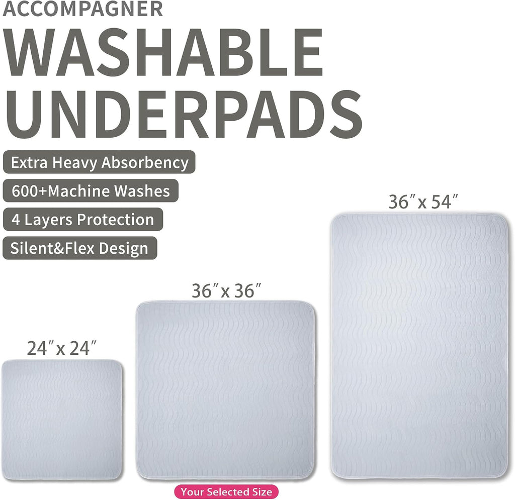 Accompagner Incontinence Bed Pads Washable Waterproof, Ultra-Absorbent Reusable Underpads for Diaper Changing, Nursing, Bedridden, Adults, Seniors, Kids and Dogs (Pearl Gray, 36"x36"(Pack of 4))