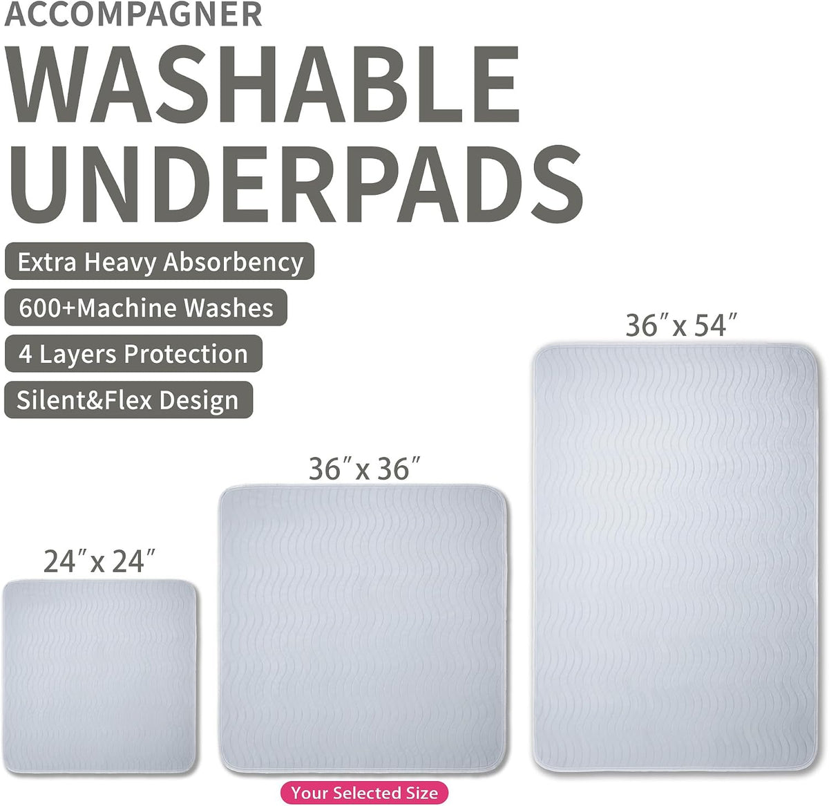 Accompagner Incontinence Bed Pads Washable Waterproof, Ultra-Absorbent Reusable Underpads for Diaper Changing, Nursing, Bedridden, Adults, Seniors, Kids and Dogs (Pearl Gray, 36"x36"(Pack of 4))