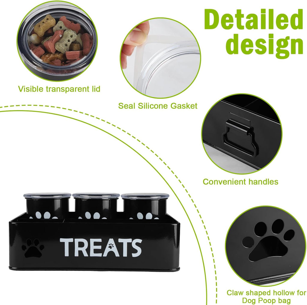 28oz Metal Dog Treat Container Set of 3,Dog Treat Jars with Airtight Lids,Cat Treat Jar,Dog Treat Canister for Countertop,Coated Galvanized Steel Dog Treats Station-Black