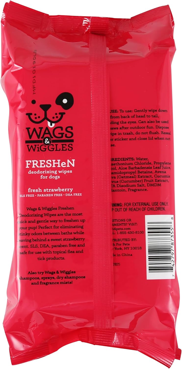 Wags & Wiggles Multipurpose Dog Wipes, Fresh Strawberry Scent, 100 Count | Waterless cloths, no SLS parabens or DEA, fresh strawberry scent, paws face and body 