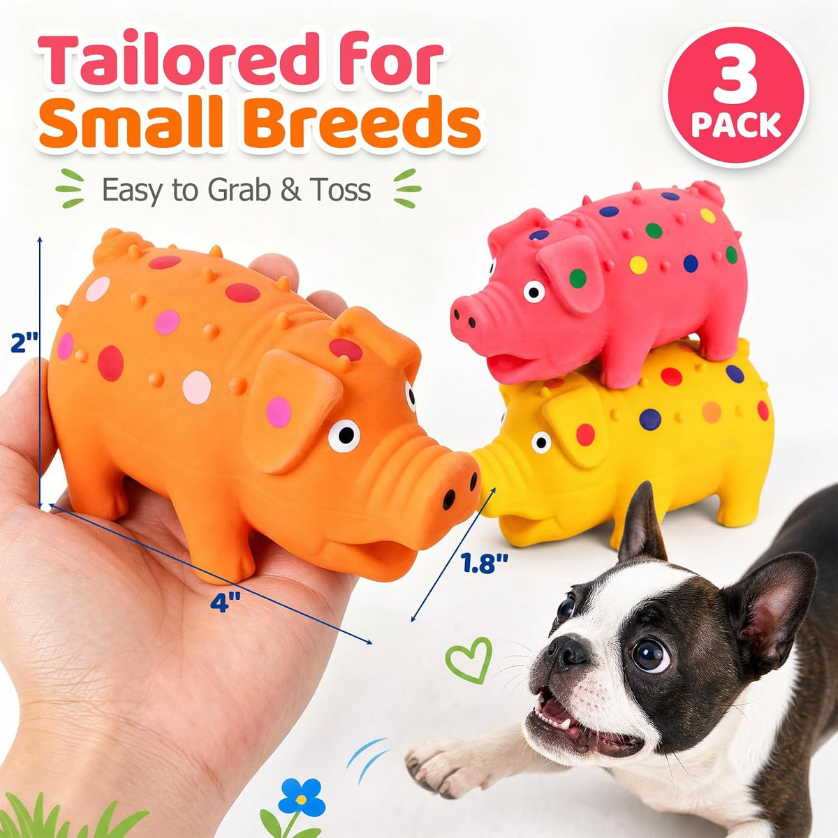 POPLAY 3 PCS Squeaky Latex Grunting Pig Dog Toys, 4 Inch Durable Rubber | Prank Nosie Maker Puppy Chew Toys Rubber Squeeze, Gift for Dogs