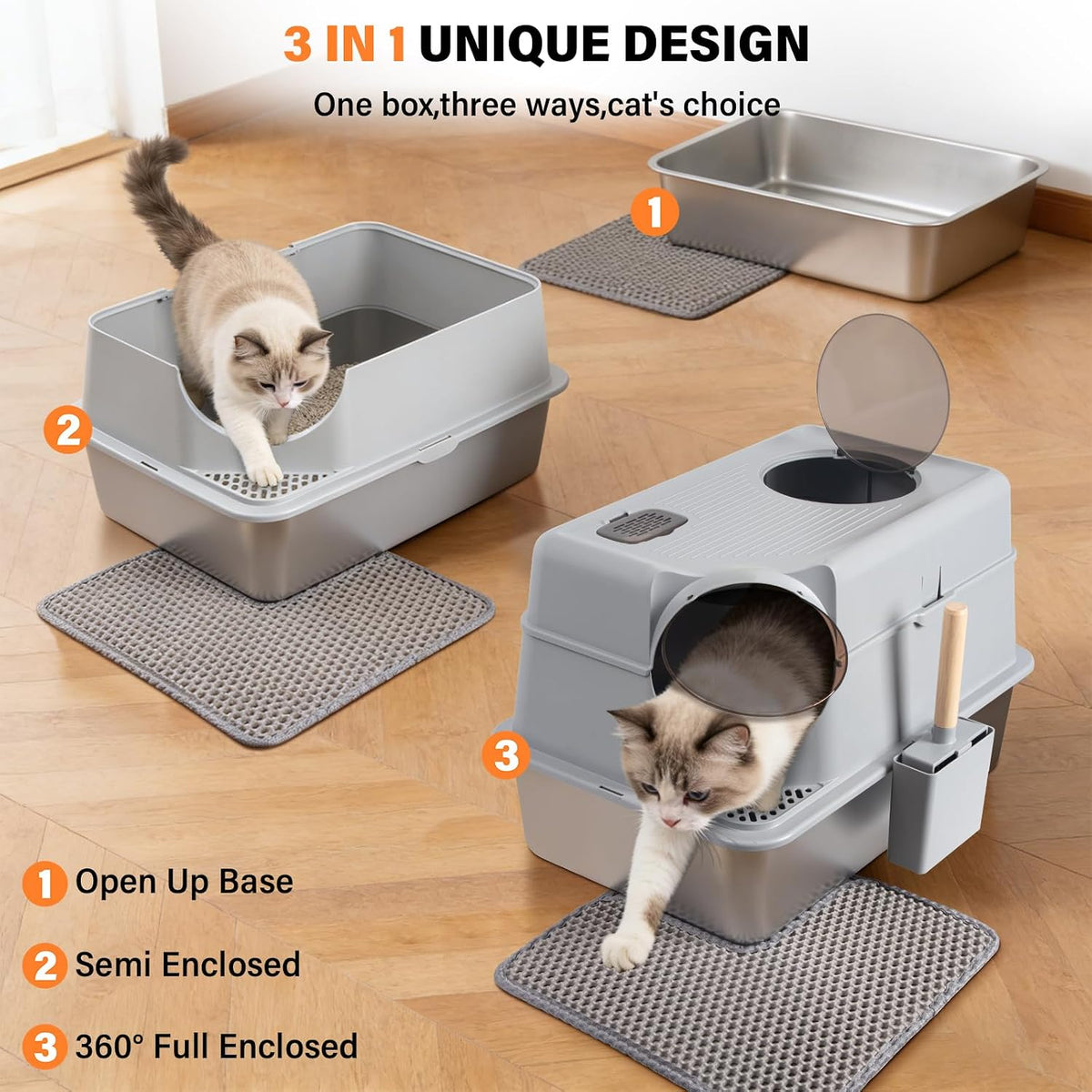 Stainless Steel Litter Box with Lid,Extra Large Enclosed cat Litter Box | Enclosed Metal litterbox with Flip Top,Front and Top Entry,Anti-Leakage,Easy Cleaning,Includes Scoop & Mat