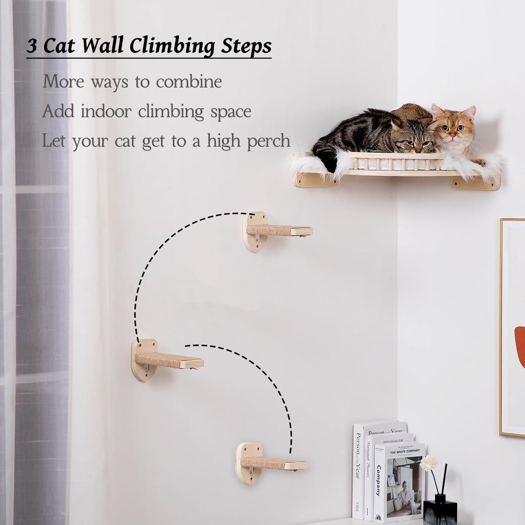 Large Cat Shelves with 3 Steps, Wall Mounted Cat Climbing Shelf with Plush Covered Bed, for Indoor Cats (Wood)