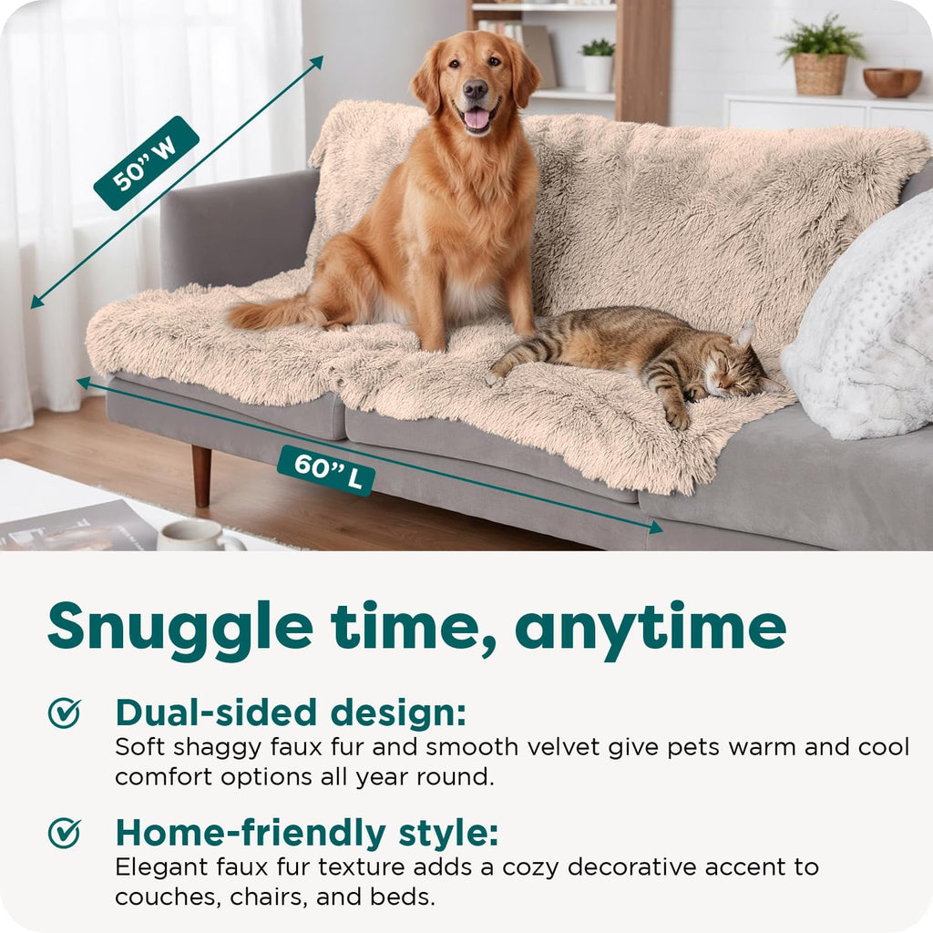 Furhaven Waterproof Throw Blanket for Dogs & Indoor Cats, Reversible Protective Pet Blanket, Extra Large, Long Faux Fur & Velvet, Taupe