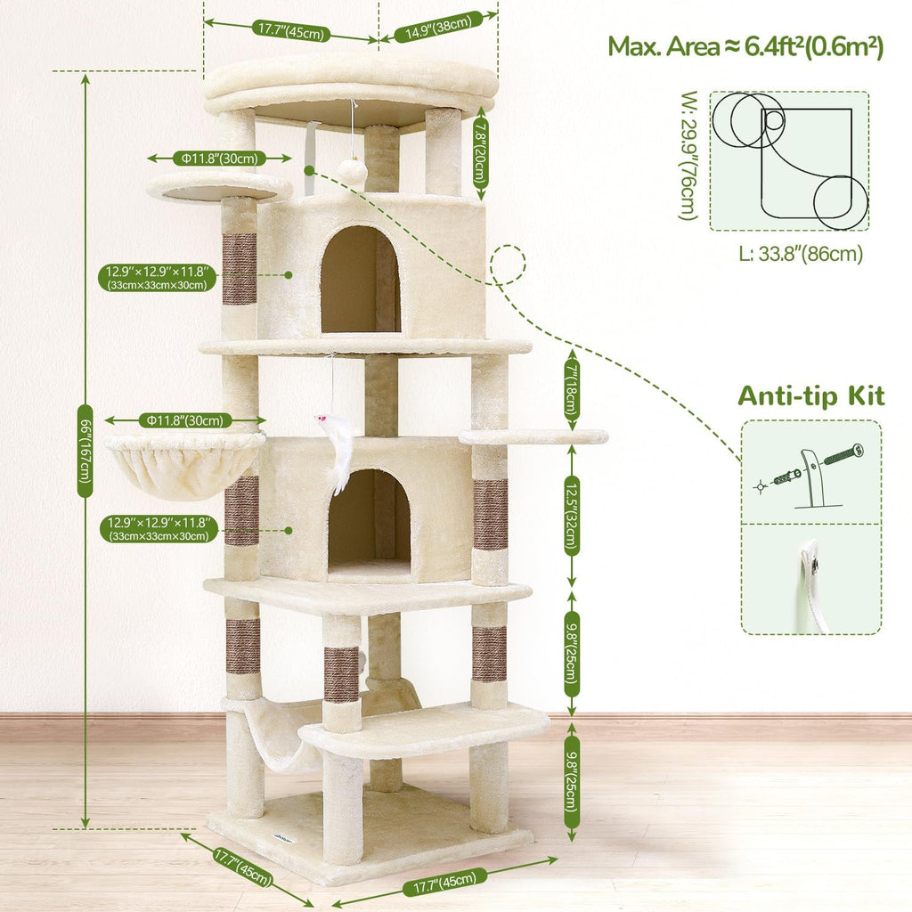 Globlazer 66inch Corner Cat Tree Tower for Indoor Large Cats, C66, Beige