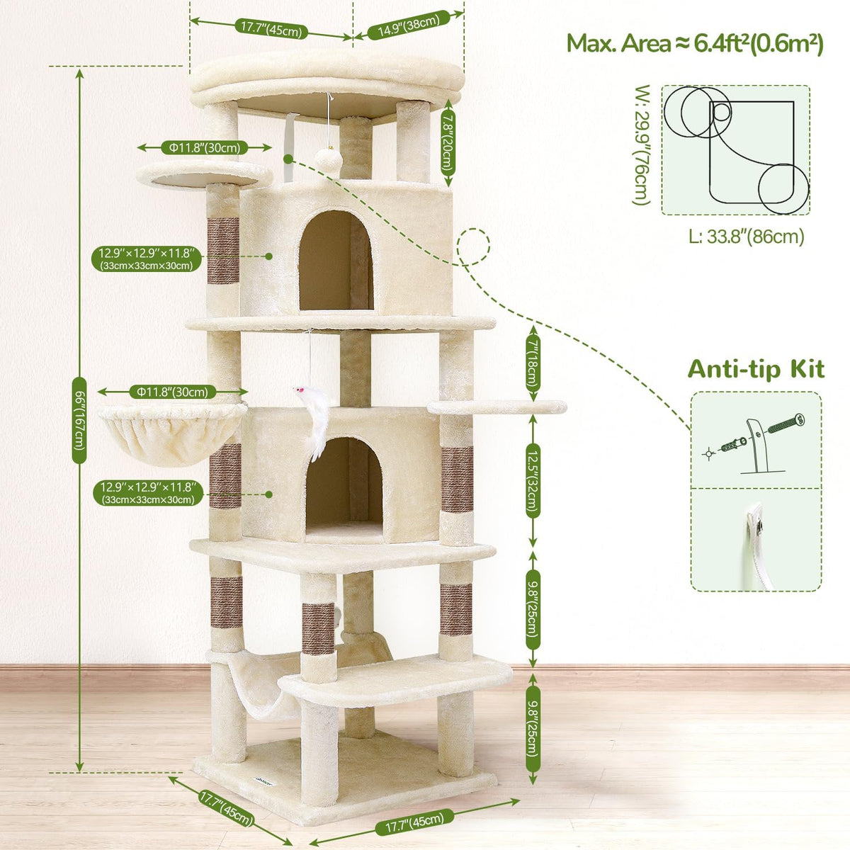 Globlazer 66inch Corner Cat Tree Tower for Indoor Large Cats, C66, Beige