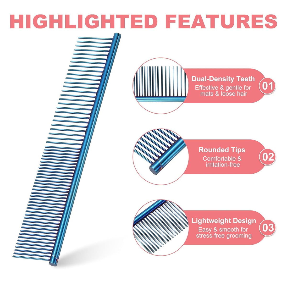 Dog Cat Comb, Pet Combs Stainless Steel Teeth with Rounded Ends for Knots Mats Loose Hair Removal, 7.5IN (Blue Plated, 3 Pack), Grooming Tool Intended for Long Curly Hair Pet