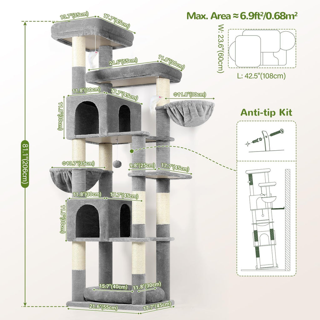 Globlazer Sturdy Extra Large Cat Tower for Indoor Cats, S81C, Light Grey