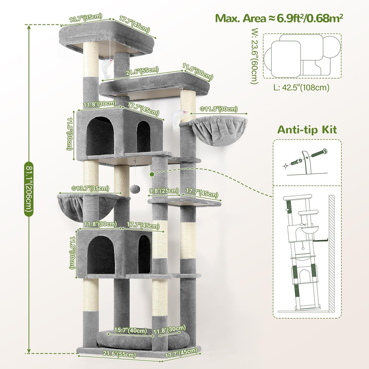 Globlazer Sturdy Extra Large Cat Tower for Indoor Cats, S81C, Light Grey