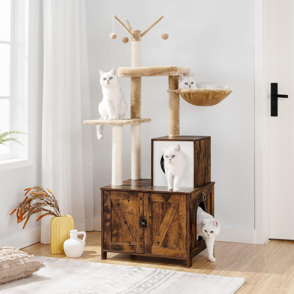 HOOBRO Cat Tree with Litter Box Enclosure for Indoor, Wooden Cat Condo with Scratching Posts, Hidden Litter Box Furniture, All-in-One Cat House, Rustic Brown FG15MZ03
