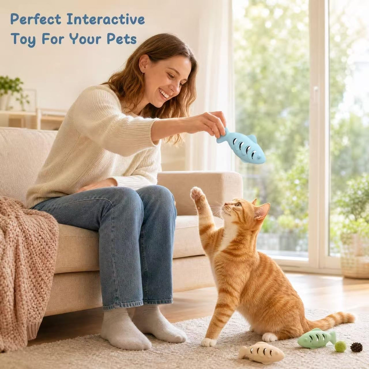 2Packs Silicone Fish Cat Toy with A Bell Ball, Interactive Treat Dispenser and Teething Chewer for Indoor Kittens, Durable Food Puzzle Promotes Mental Stimulation, Reduces Boredom
