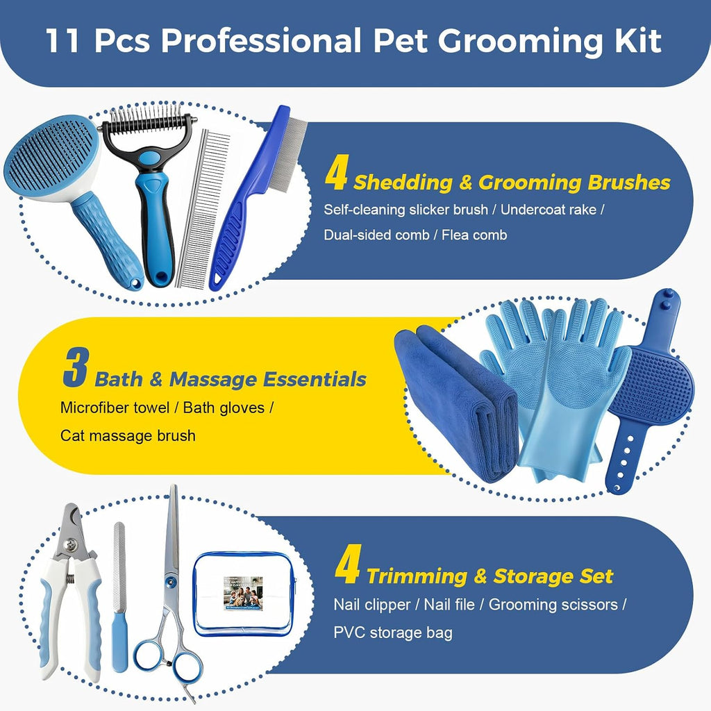 11 Piece Dog Grooming Kit - Hair, Nail, Massage Bath Supplies For Pets Cats