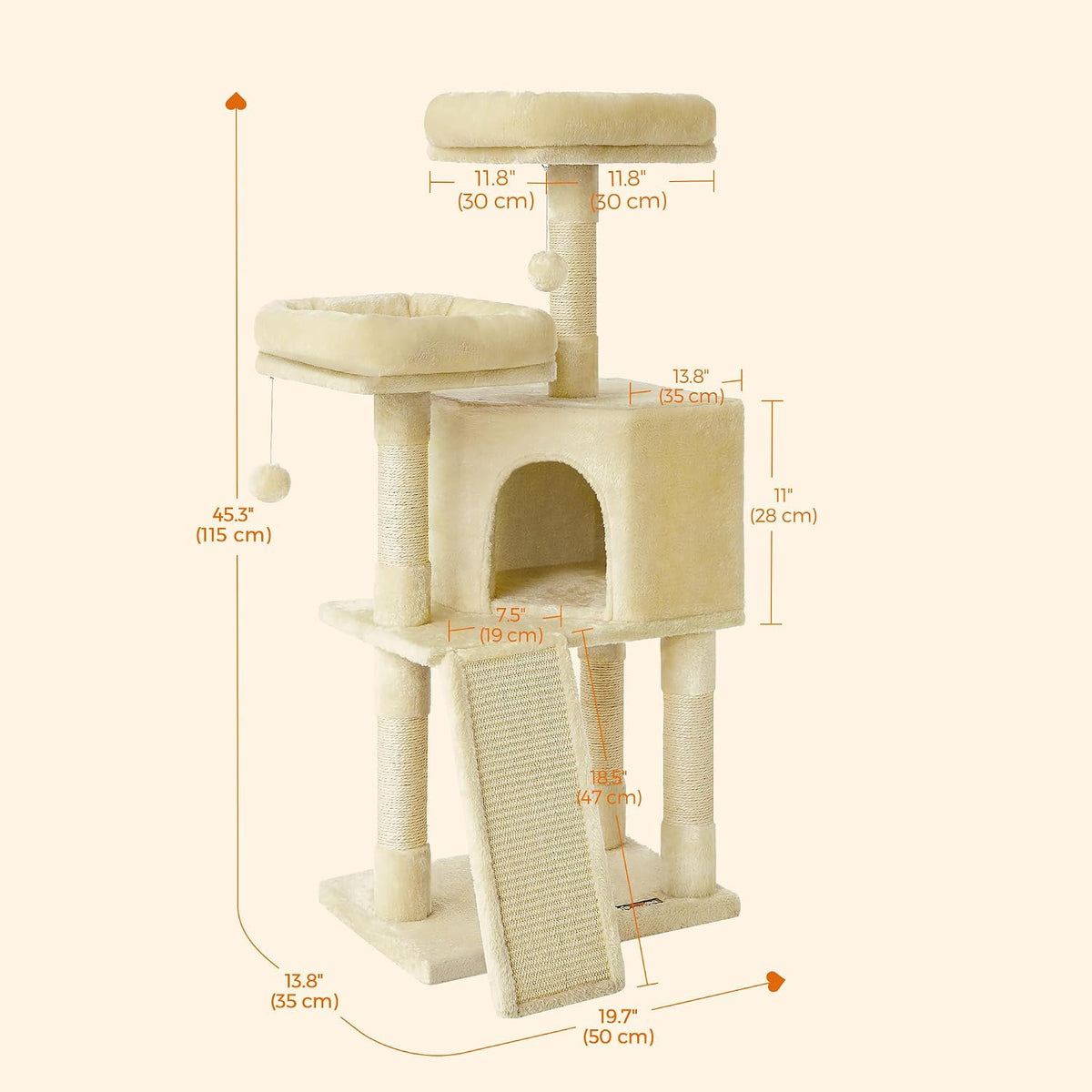 Feandrea Cat Tree, 45.3-Inch Cute Cat Tower, Plush Climbing Condo, Beige