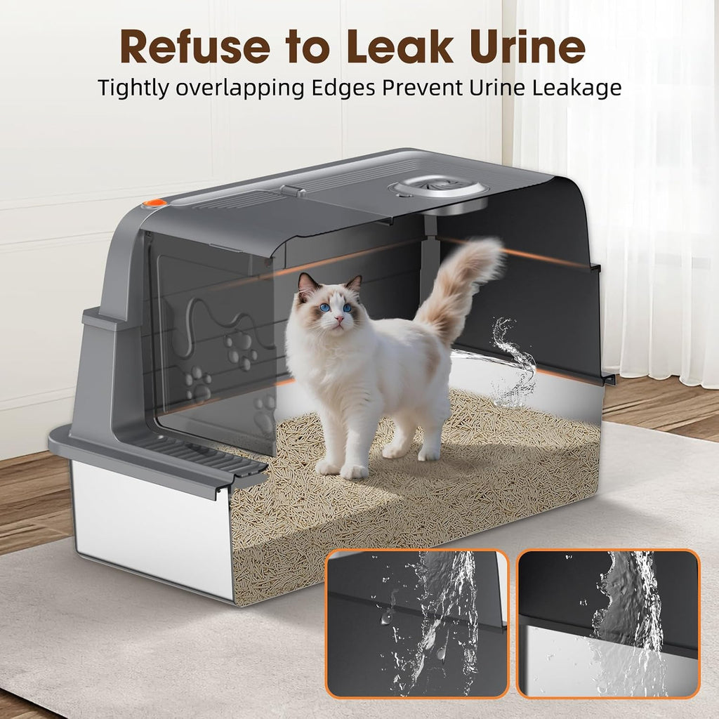 XXXL Stainless Steel Cat Litter Box with Lid – 28"×20"×17", Grey