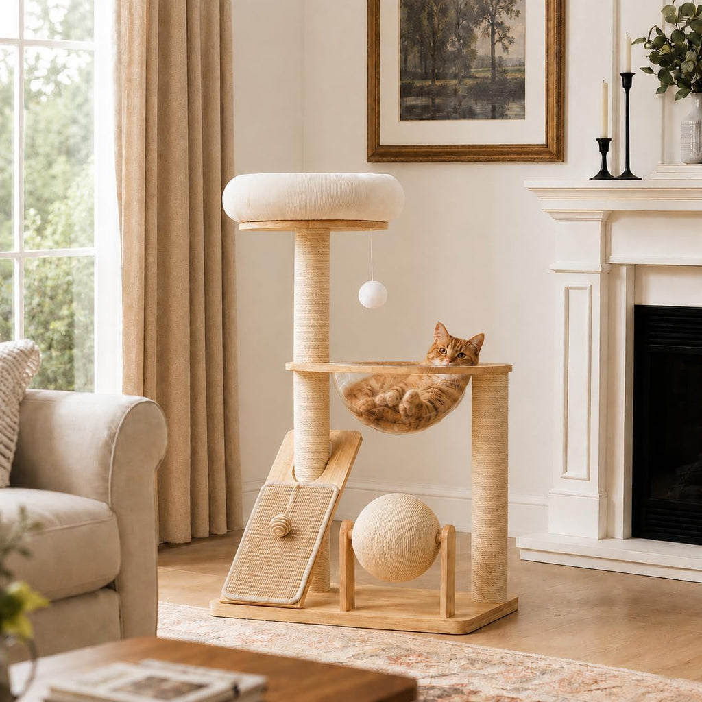HITTITE Solid Wood Cat Tree Tower with Scratching Post, 37.8 Inches Tall Cat Towers with Scratching Board and Scratcher Ball, Modern Cat Tower With Space Capsule and Removable Top Bed for Indoor Cats.