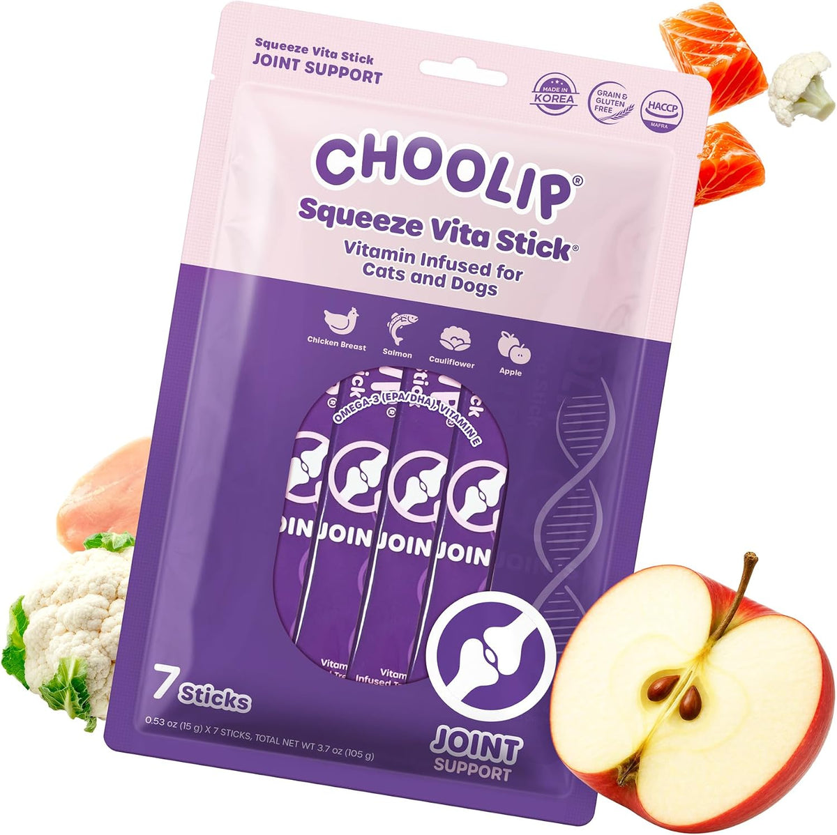 Choolip Squeeze Vita Stick Lickable Cat and Dog Treats, 7-Count Joint Support, Chicken and Salmon with MSM, Green-Lipped Mussel and Vitamin E, Vet-Formulated