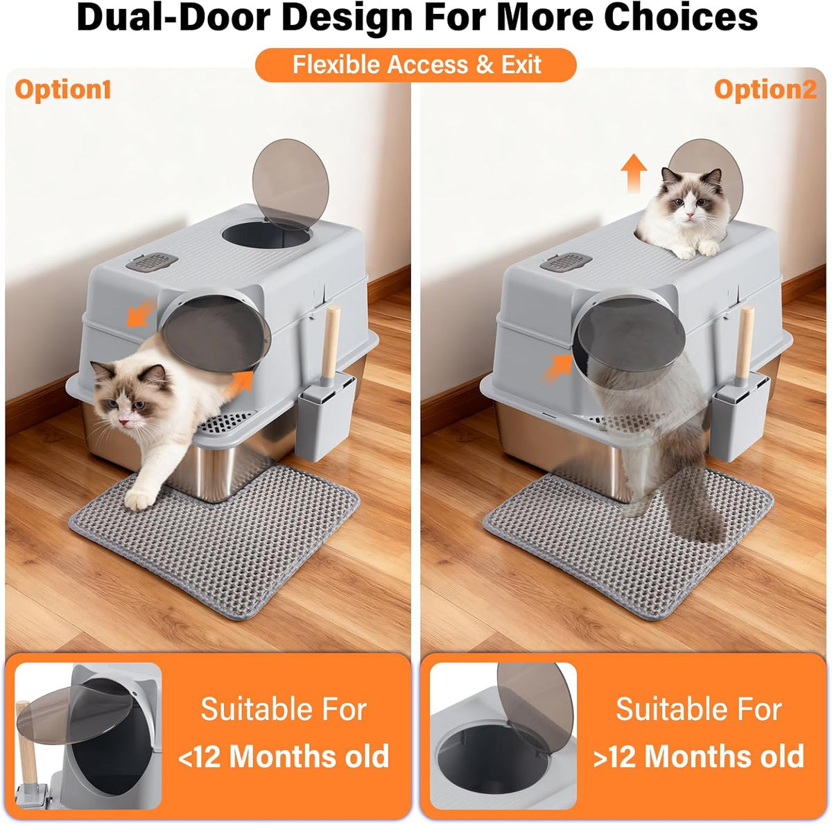 Stainless Steel Litter Box with Lid,Extra Large Enclosed cat Litter Box | Enclosed Metal litterbox with Flip Top,Front and Top Entry,Anti-Leakage,Easy Cleaning,Includes Scoop & Mat