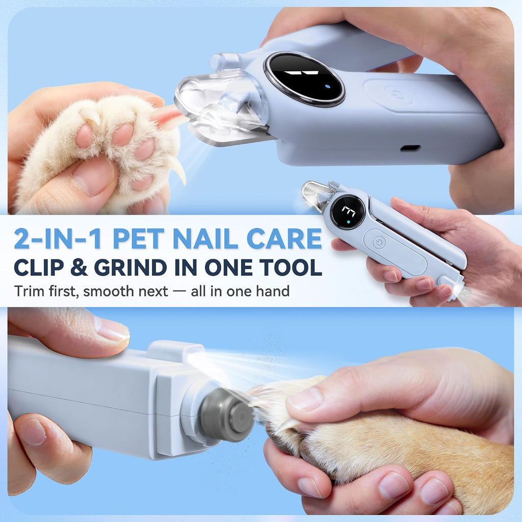2-in-1 Quiet Electric Pet Nail Clipper & Grinder with Light for Dogs Cats (Blue) Dual LED Lights,3-Speed Grinder,Nail Clipping Splash Guard,Type-C Rechargeable,Quiet Design for Anxious Dogs & Cats