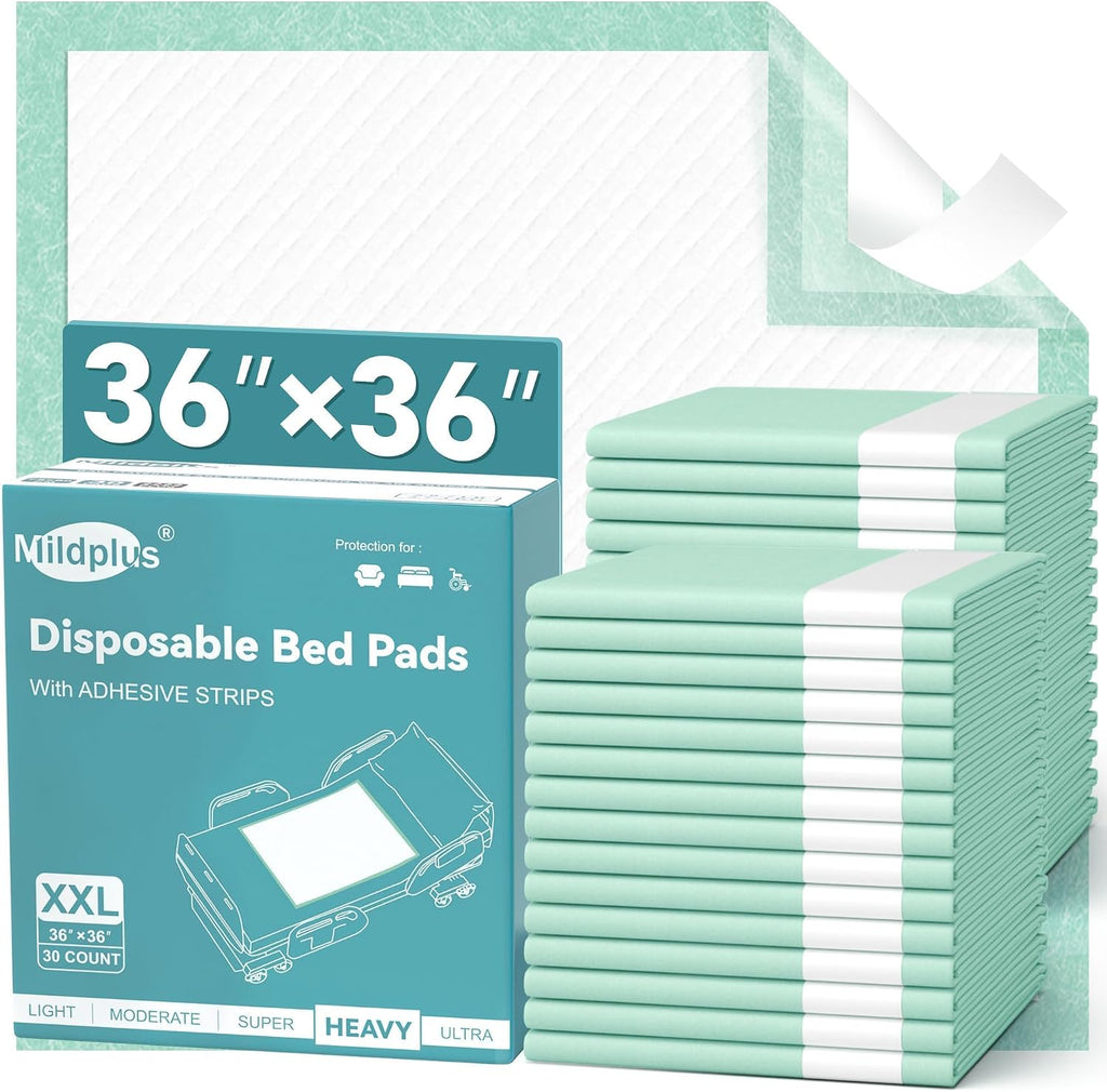 MILDPLUS Bed Pads with Adhesive Strips 36''X36'', 30 Count Chucks Disposable Underpads Extra Large Thicker Incontinence Pads for Unisex Adult, Senior, Kids and Pet