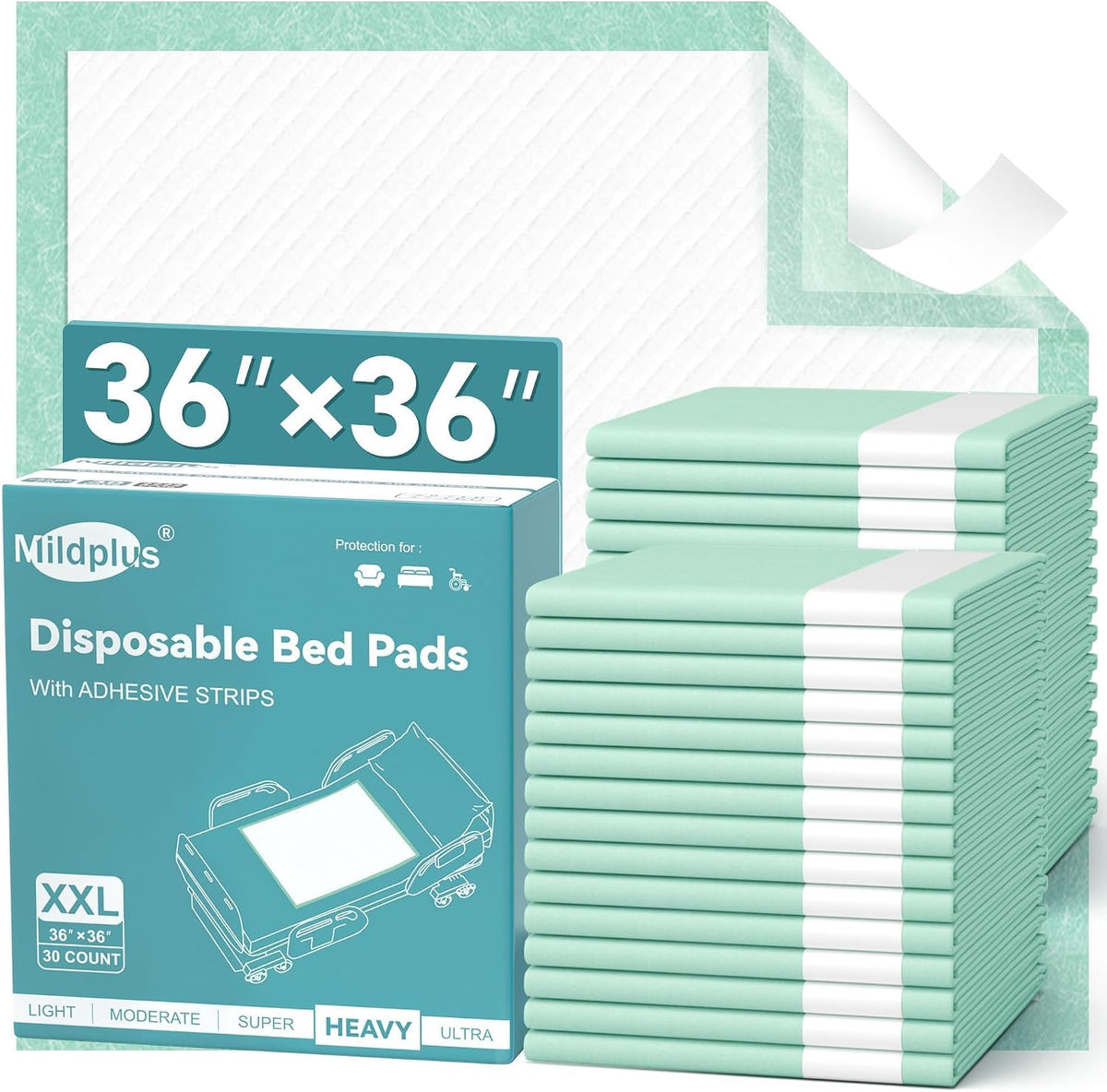 MILDPLUS Bed Pads with Adhesive Strips 36''X36'', 30 Count Chucks Disposable Underpads Extra Large Thicker Incontinence Pads for Unisex Adult, Senior, Kids and Pet