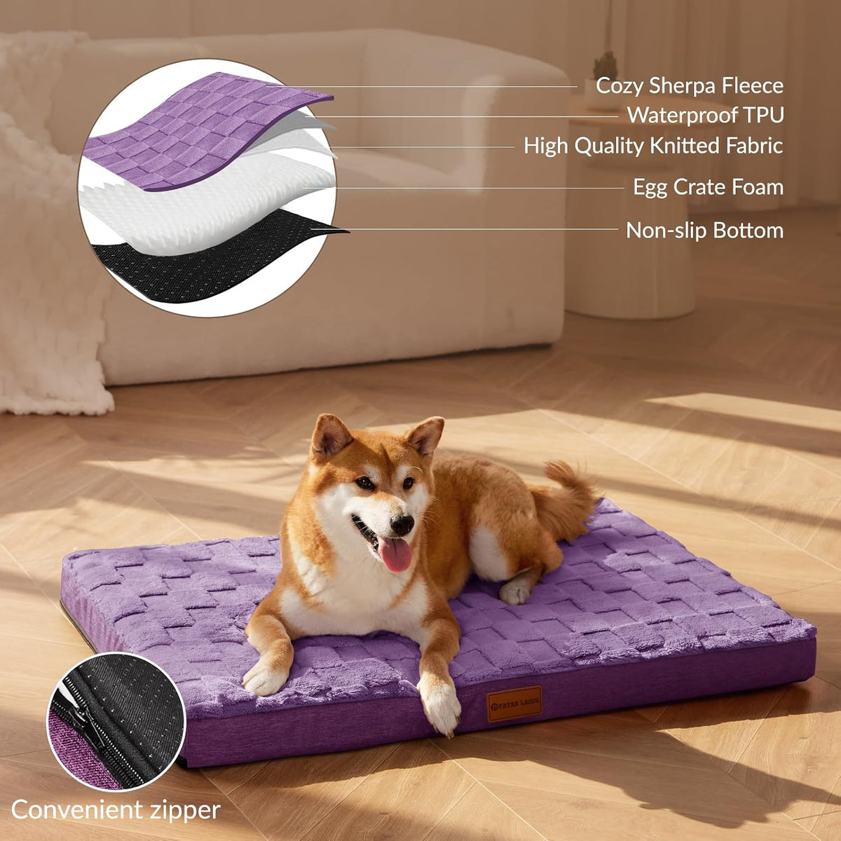 Patas Lague Orthopedic Large Dog Bed Pet Crate Mat 36''X24'' Purple