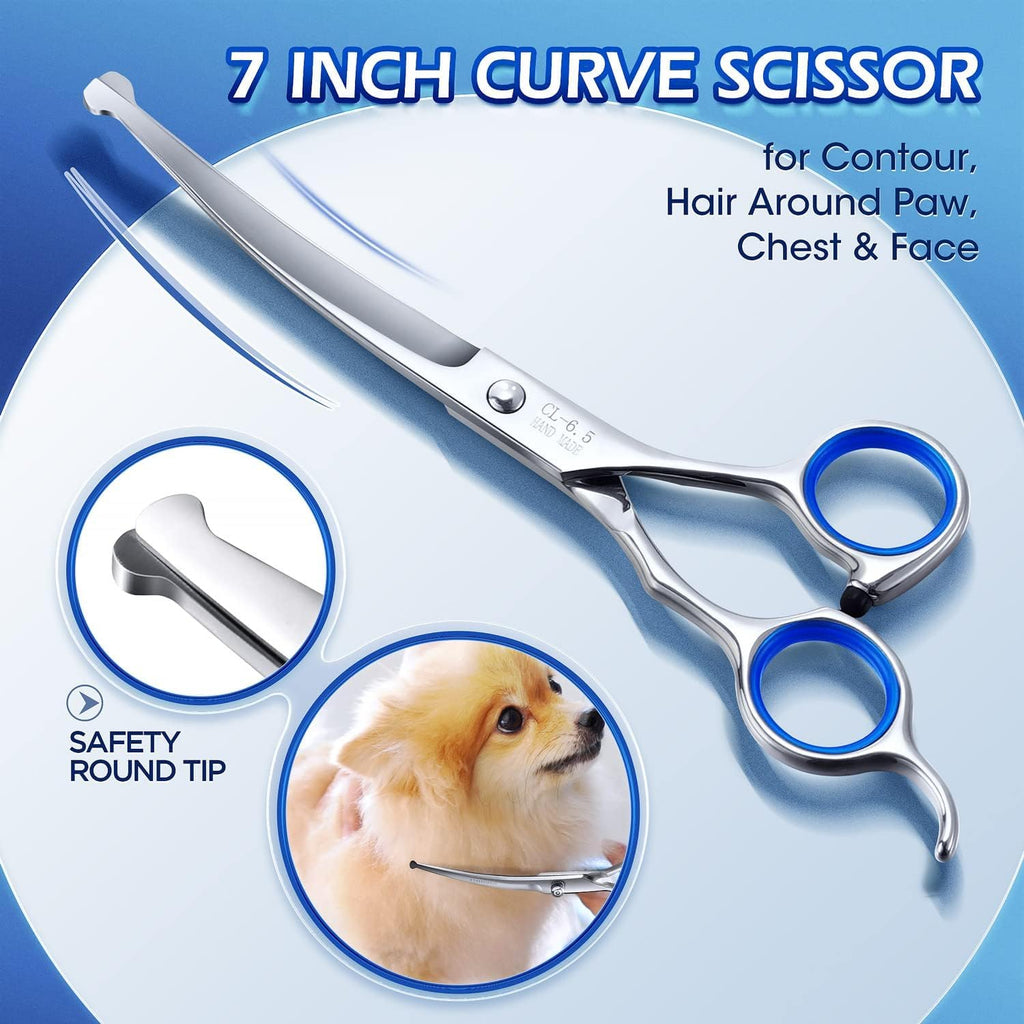 Gimars Professional 5 in 1 Grooming Scissors for Dogs 4CR with Safety Round Tip, Heavy Duty Titanium Coated Straight & Thinning & Curved Shears 