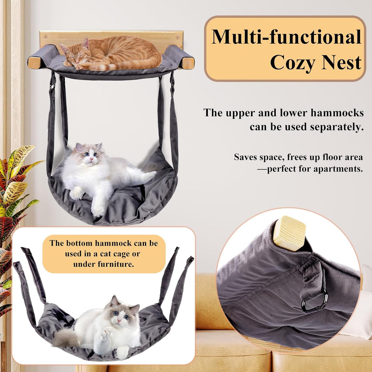 JSPYFITS Wooden Cat Furniture Wall Mounted, Double Layer Hammock, Large Size 18.9″ Removable Multi-Function Cat Bed for Sleep/Play/Climb, Kitten Window Perch, Easy DIY Installation(Grey)