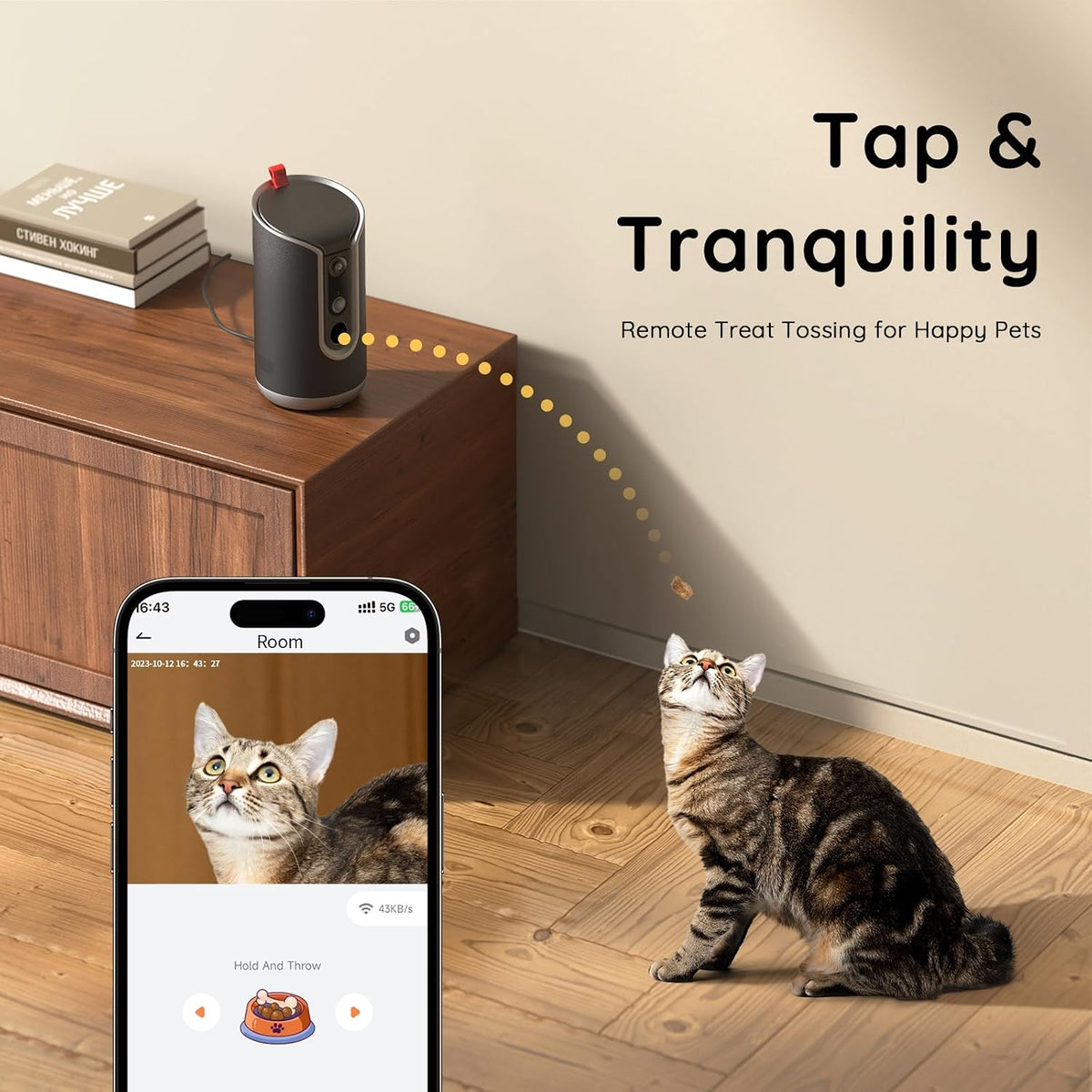 TKENPRO 2K Pet Camera Treat Dispenser, AI Photo Album, Dog Camera with 360° Auto Tracking & 5G/2.4G WiFi, 2-Way Talk, Remote Treat Tossing, Motion Alerts for Cats Indoor